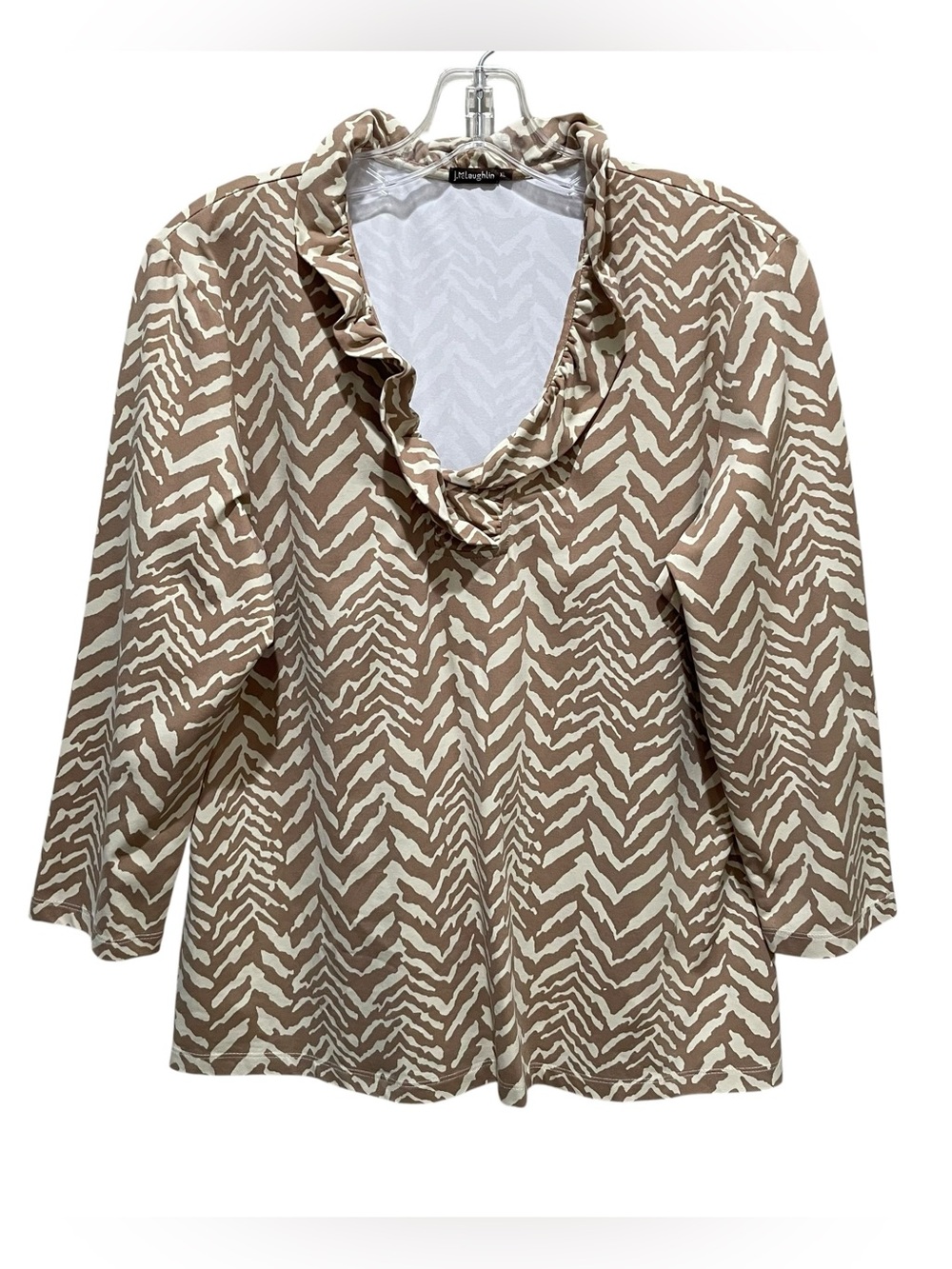 J McLaughlin Zebra Print Ruffle Neck Top 3/4 Sleeve Tan Ivory Women’s Size XL